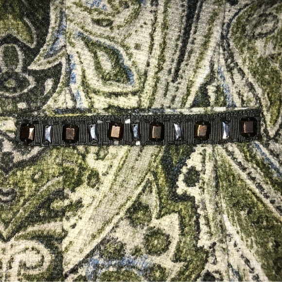 Chicos Jacket Open Front Size 2 Large Woven Textured Green Print Frayed Edges - Picture 8 of 13